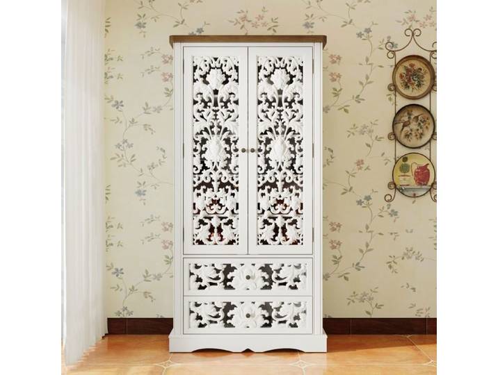 Armoire sculptée ajourée avec 2 portes et 2 tiroirs Armoire à vêtement vintage 84x40x168 Blanc