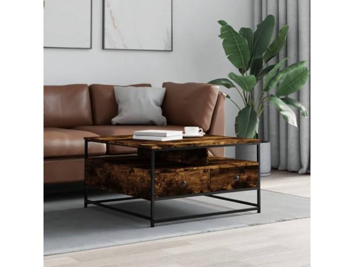 HEFZGDB Couchtisch Räuchereiche 80x80x45 cm Holzwerkstoff mit Schubladen und Metallgestell für Stauraum und Stabilität, robuster Beistelltisch mit glatter Oberfläche