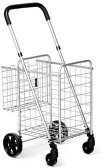 Costway Folding Shopping Cart Basket Rolling Trolley with Adjustable Handle-Silver