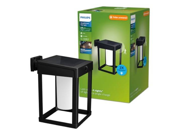 PHILIPS Outdoor Ultra-Efficient Solar Camill Wandleuchte 1,4W, Dual-Bright Sensor, eckig, matt, 3000 Kelvin, IP44 wetterfest, schwarz