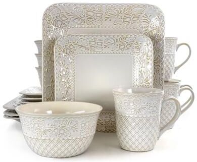 Elama Ivory Lotus 16 Piece Square Stoneware Dinnerware Set