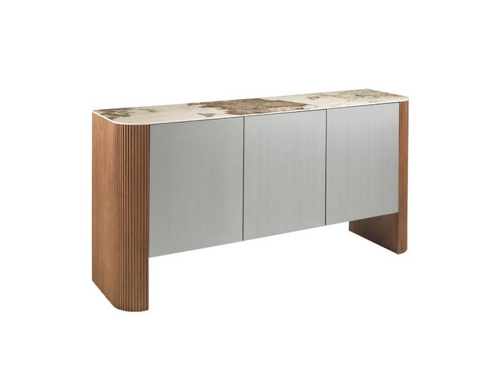 Angel Cerda Sideboard 3261 mit 3 Türen, Porzellan-Marmorplatte und Nussbaumbeinen, Weiß, Walnussfarben, Silberfarben, Holzwerkstoff, Nachbildung,Nussbaum, Mode, Rechteckig,Rechteckig, 160x80x45 cm, Kleinmöbel, Kommoden, Sideboards