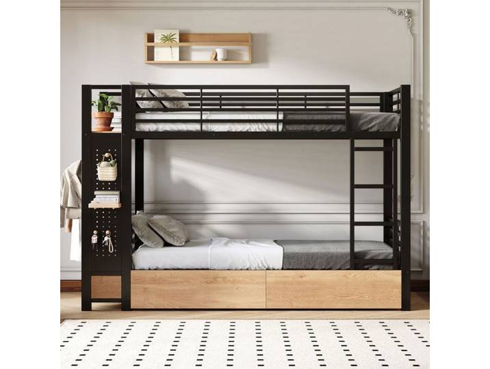 Lit superposé 90x200cm lit enfant 4 tiroirs étagères multiples avec bande lumineuse LED tringle à vêtements sans matelas noir