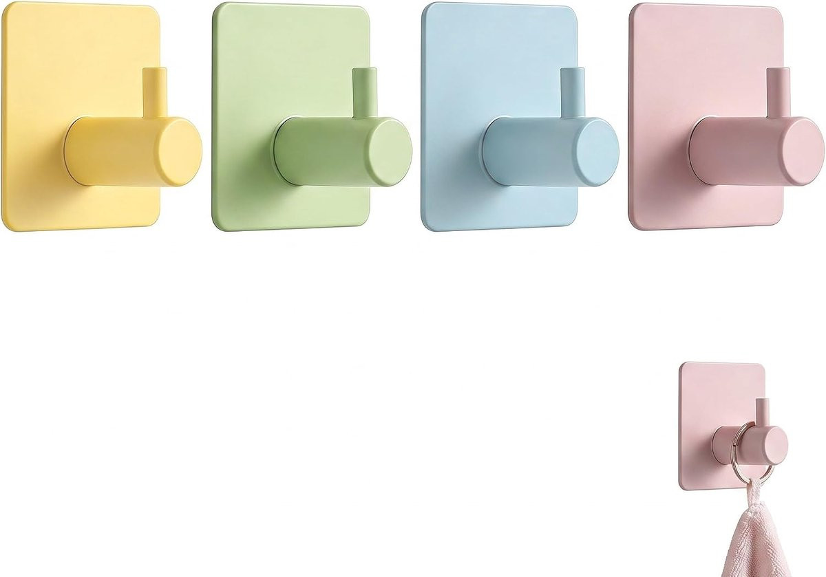 Set van 4 zelfklevende T-vorm wandhaken voor badkamer en keuken, kleurrijk