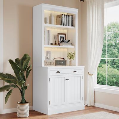 Merax LED-Lit Modern Tall Bookcase with Adjustable Shelves, Drawer & Cabinet