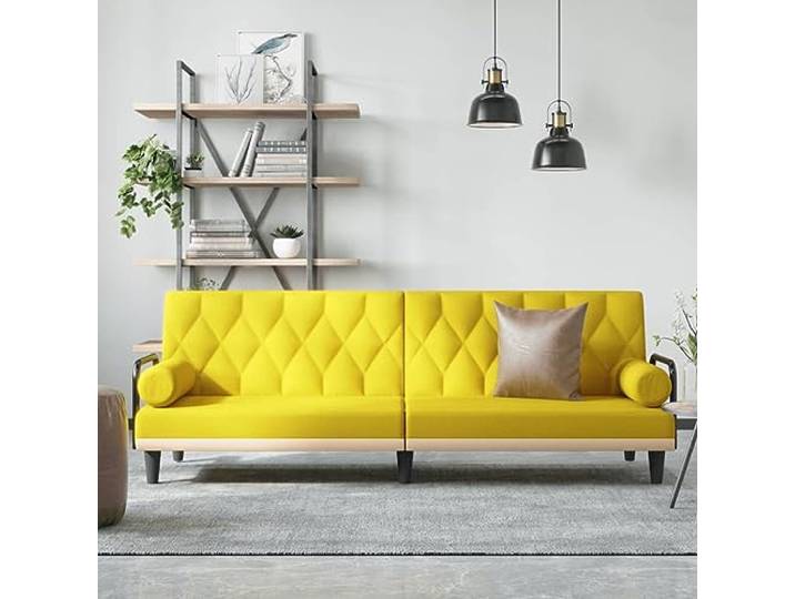 HEFZGDB Helles Gelb Stoff Schlafsofa mit Armlehnen Verstellbare Rückenlehne Bequeme Sitzgelegenheit Gästebett Langlebiges Material Atmungsaktiv Sofabett Wohnzimmer Möbel