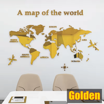 Inspire Picks 3D Acrylic World Map Wall Sticker Modern Crystal Wall Decor For Home & Office golden l 180cmx100cm