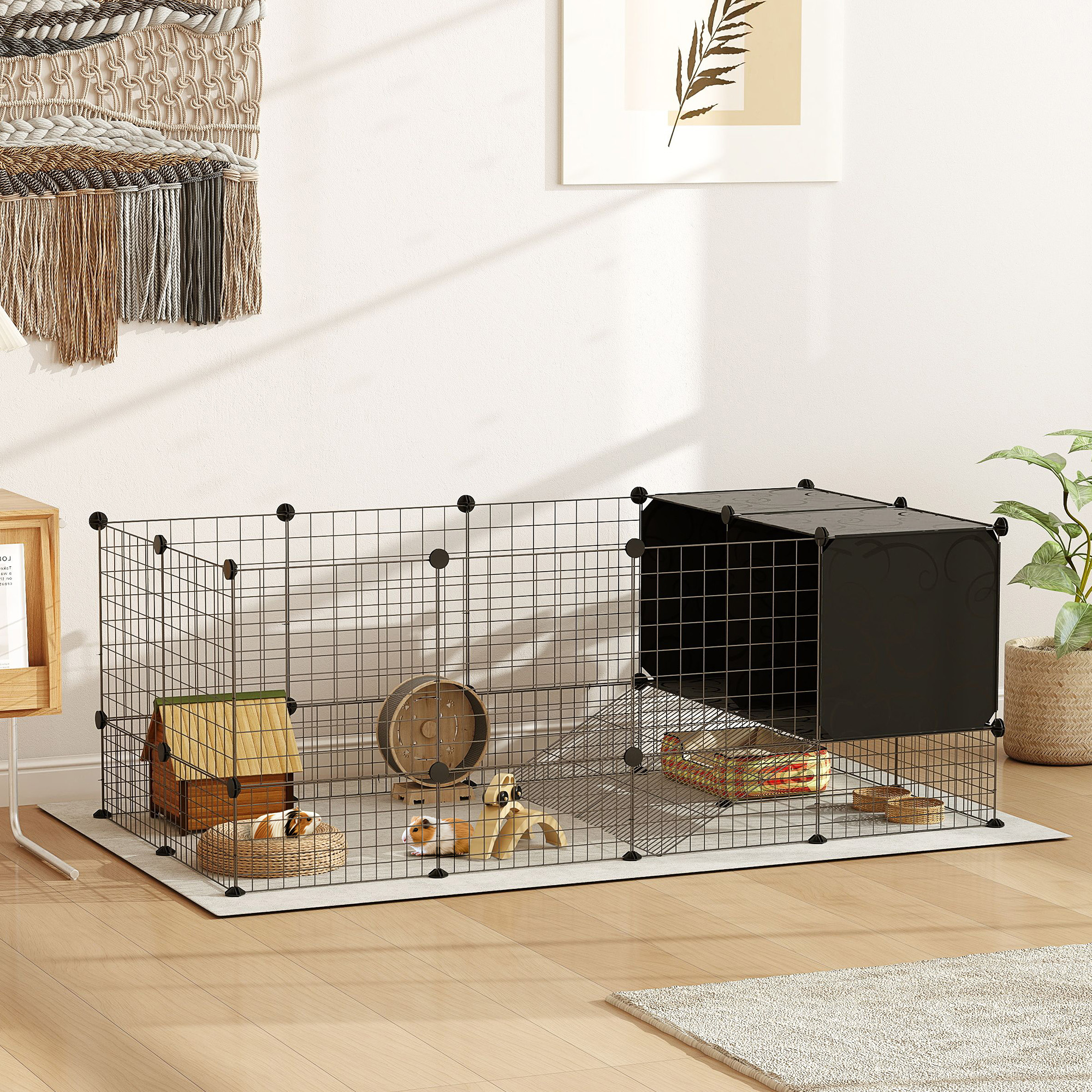 Pawhut Gabbia per Animali Piccoli Modulabile con Casette Rialzate per Porcellini d'India e Ricci, Nero