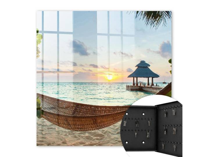 Tulup Schlüsselbox Schwarz 30x30 cm- Türöffnung nach rechts - Strandentspannung, Blau, Metall, Tiere, Rechteckig, 30x30x5 cm, Garderobe, Schlüsselkästen & Schlüsselboards