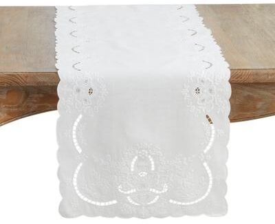 Saro Lifestyle Embroidered Linen Table Runner - Decorative Scalloped Table Runner for Dining & Console Tables