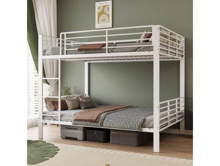 FAVSH Etagenbett 140x200 cm aus Metall, Hochbett mit Rausfallschutz und Leiter, Geräuscharmes Doppelbett, rutschfest, für Jugendliche und Erwachsene, WG & Ferienwohnung, Weiß A