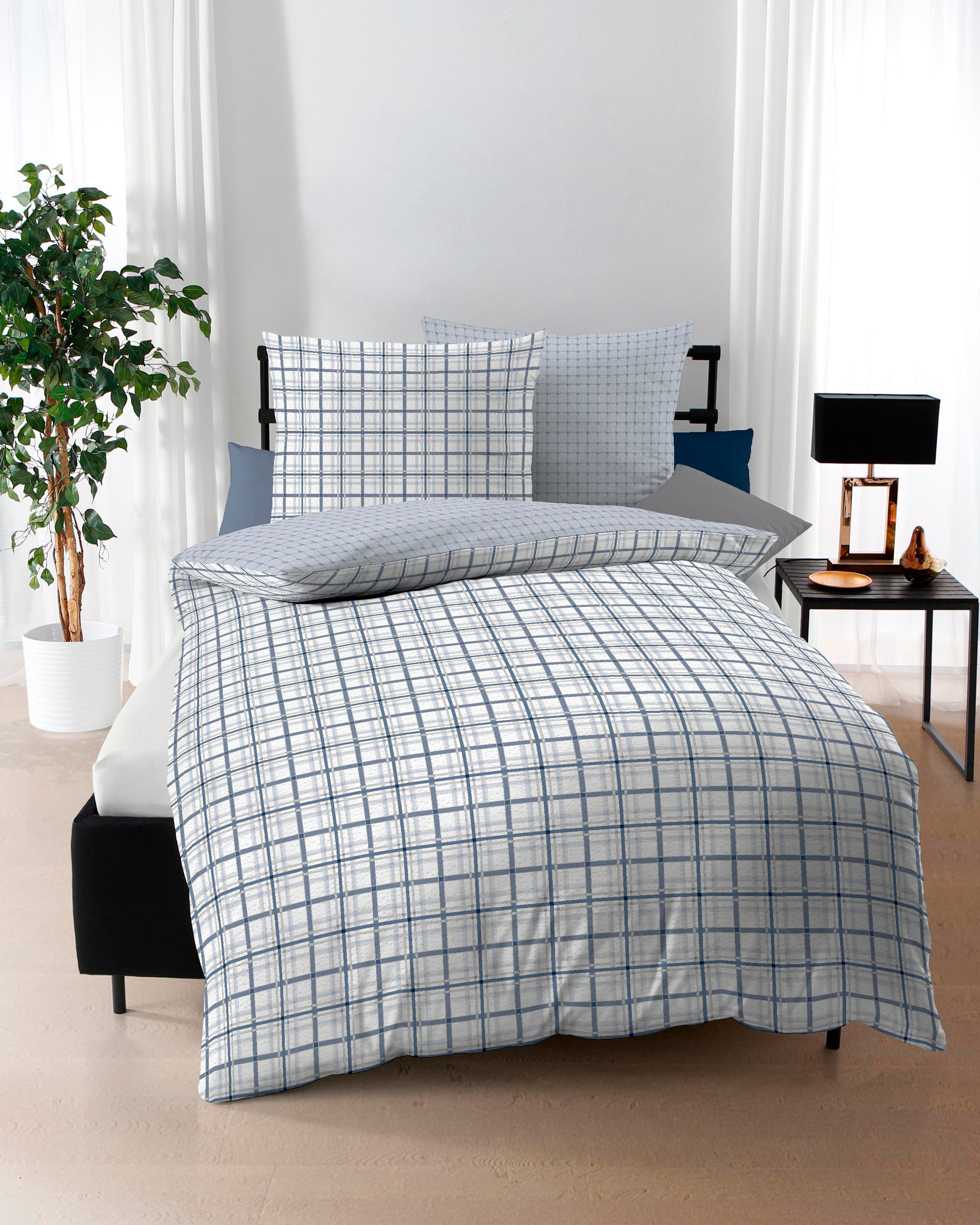Wendebettwäsche KAEPPEL "Plaid", blau (hellblau), B/L: 155cm x 220cm, 1 Stk., 1 Stk., Seersucker, B/L: 80cm x 80cm, Seersucker, Obermaterial: 100% Baumwolle, Bettwäsche, Wendebettwäsche, mit Karomuster hellblau B/L: 155cm x 220cm, 1 Stk., 1 Stk., Seersuck