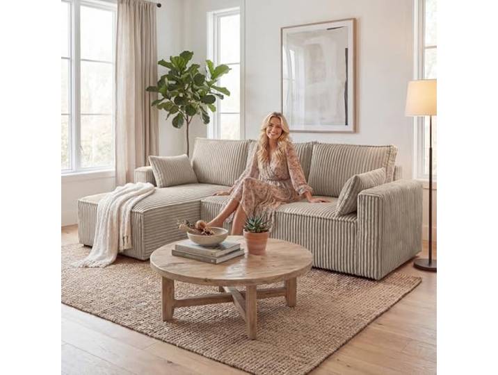 BROMARKT Sofa mit Schlaffunktion L Form Ecksofa mit Bettkasten Beige Couch Eckcouch Schlafcouch Schlafsofa Sofabett Eckschlafsofa 235x133x85 cm 3 Sitzer Wohnlandschaft Cordstoff PILO