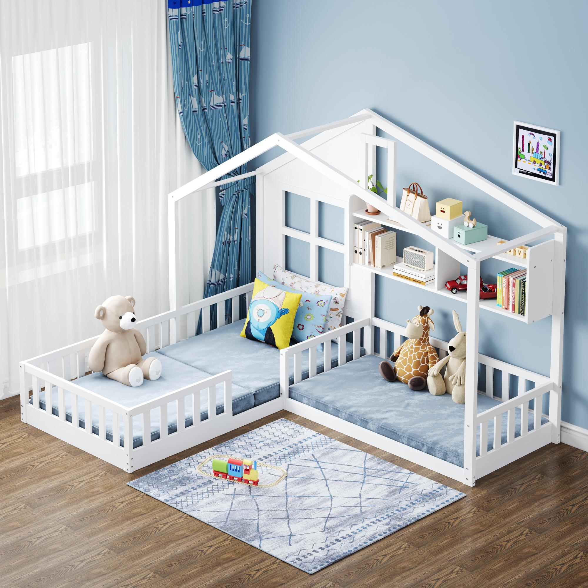 MODFU Kinderbett Holzbett 90x200 cm (140x70 cm) mit Fenster und Schornstein in Form eines Hauses Mit Regalen, Bodenbett Mit Sicherheitsgitter und Lattenrost, Weiß+Natur(Ohne Matratze)