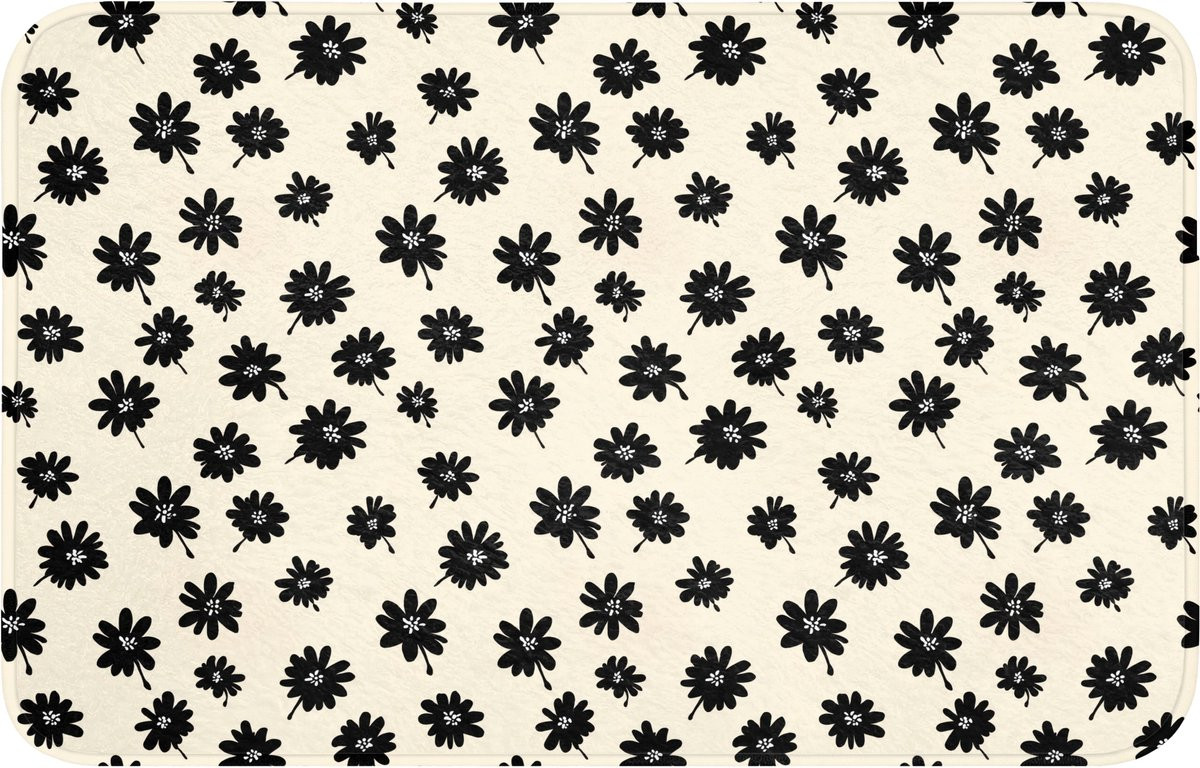 Antislip Badmat met Grafisch Madeliefjes Motief - Zwart/Beige - 80 x 50 cm