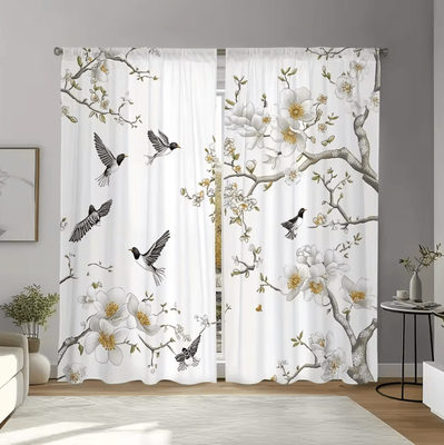 Inspire Curations Elegant Floral & Bird Print Curtain Set Soft Polyester Aesthetic Window Panels wyl 0813097 cl 53x116cm