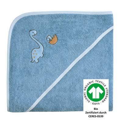 Kapuzenhandtuch WÖRNER "Dinofamilie", blau (stahlblau), B:100cm L:100cm, Frottee, Frottee, Handtücher, Biobaumwolle, mit Kapuze, maschinenwaschbar, trocknergeeignet