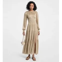 Michael Kors für Damen. MT6835PL3E Goldenes Maxikleid mit Smok-Details und langen Ärmeln (XS), Beige, Lässig, Polyester, Langarm