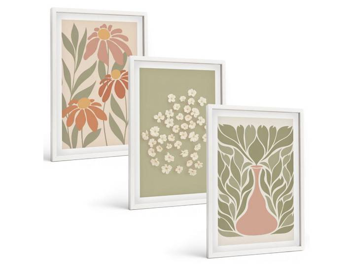 Tulup Bilder SET 3er Set - 40x60 cm Weißer Rahmen - Florale Boho-Muster, Kunststoff, Rechteckig, 40x60 cm, gerahmt, Bilder & Rahmen, Bilder