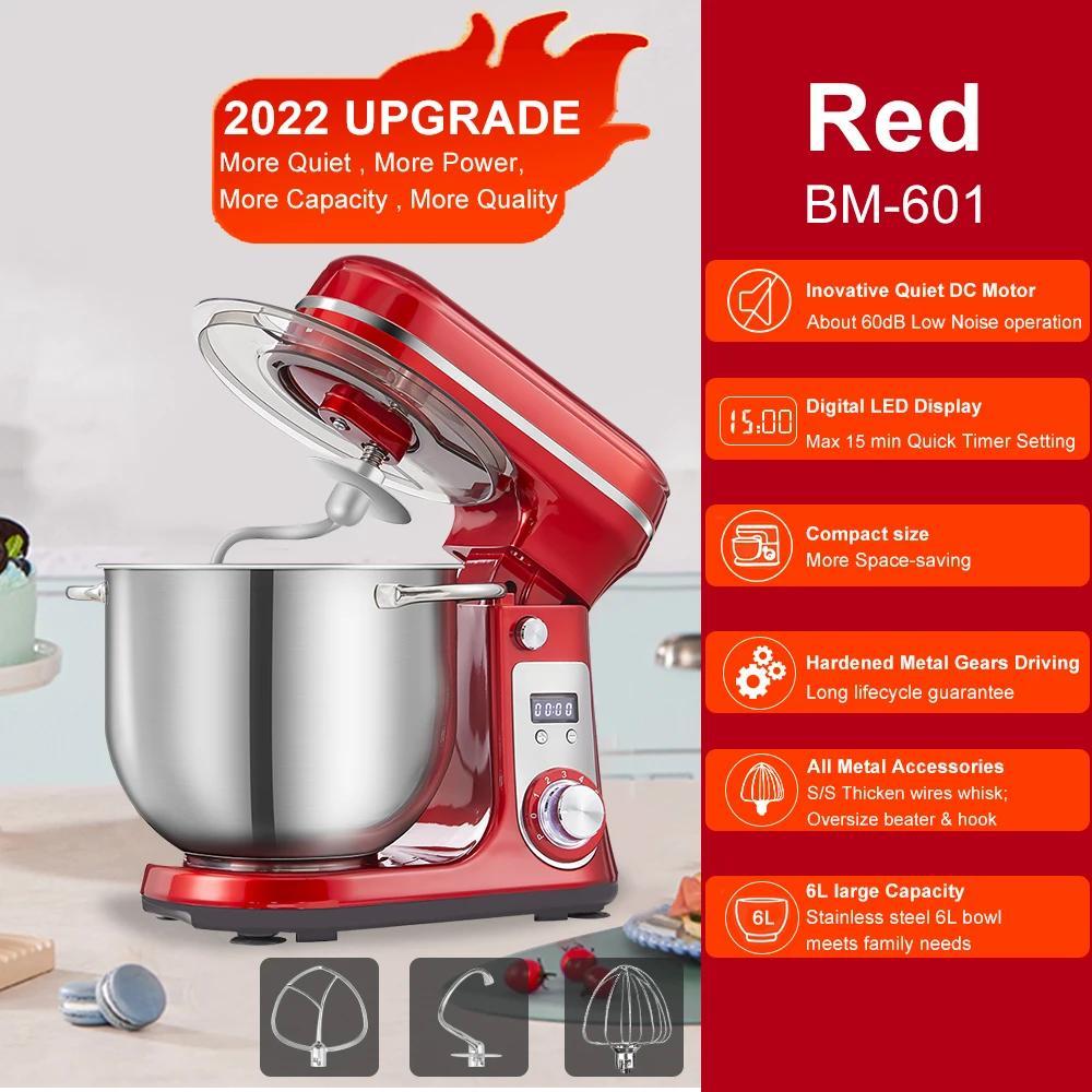 Küchenmaschine Standmixer - BM601 Knetmaschine - 1200 W Leistung - 6 L Edelstahlschüssel - 6 Stufen - Schwenkbarer Kopf - Leiser Motor - Rot EU-Stecker 220 V