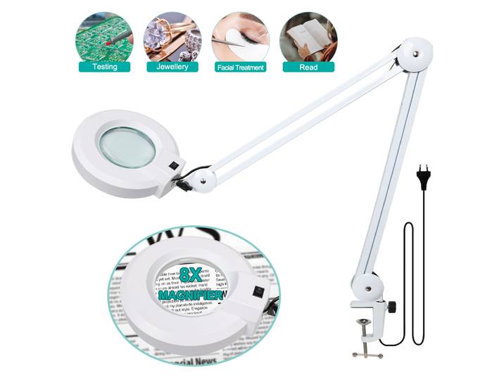 Lampe loupe LED 8X avec pince, loupe à lumière du jour avec lumière, bras pivotant réglable, lampe loupe pour la lecture et la réparation