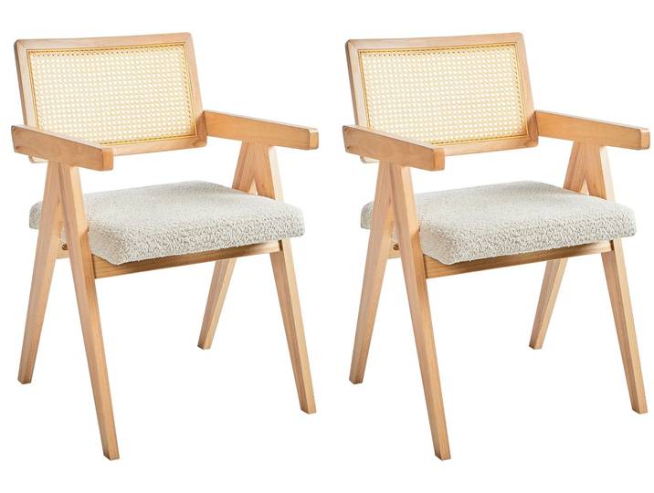 BELIANI Esszimmerstuhl 2er Set Hellbraun u. Hellbeige Holz mit Bouclé Sitzfläche Teddyfell Optik Wiener Geflecht Rückenlehne Küchenstühle Retro Stil