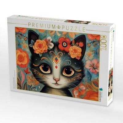 CALVENDO Puzzle Katze Im Stil von Frieda Kahlo | 1000 Teile Lege-Größe 64x48cm Foto-Puzzle für glückliche Stunden
