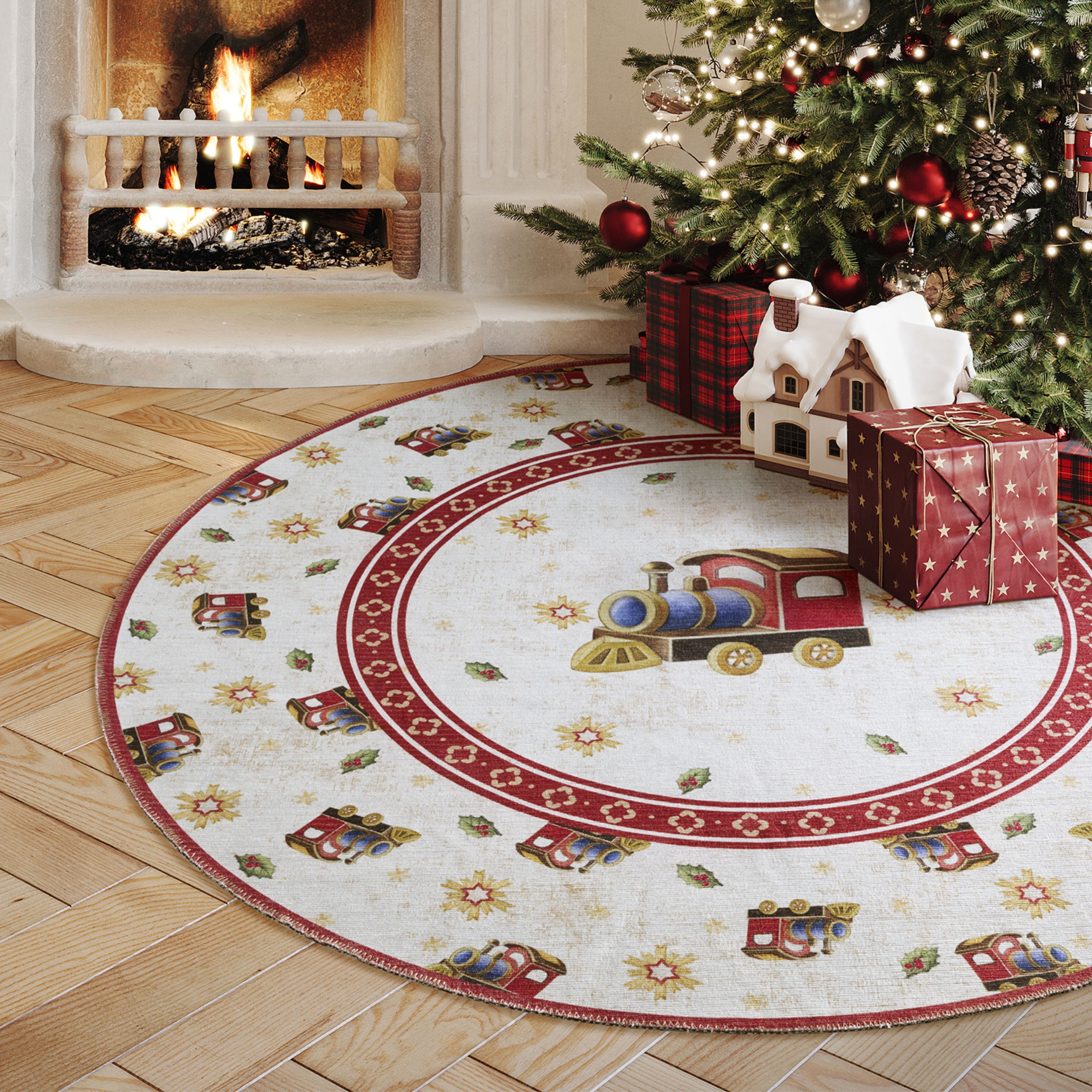 Teppich VILLEROY & BOCH "Toy's Delight Limited Edition Santa Claus", beige (lokomotive), H:3mm Ø:160cm, Polyester, Teppiche, Teppich, Limited Edition, Weihnachten, Wohnzimmer, Baumrock, Waschbar, Rund lokomotive Ø 160cm 1 Stk., 3mm, Ø 160cm