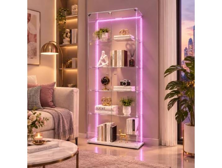 JiaOyu Glasvitrine mit LED-Beleuchtung, Vitrinenschrank mit Schloss, Glasvitrine Staubdicht für Sammlungen, Standvitrine Glasschrank für Wohnzimmer Schlafzimmer (Weiß+Lichtstreifen, 5 Schichten)