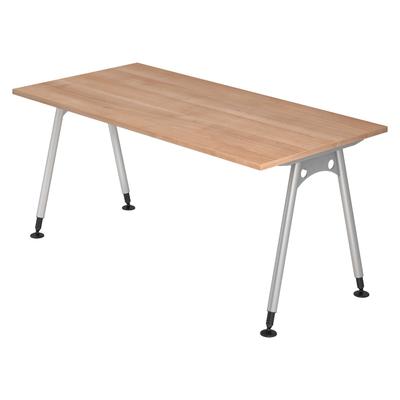 bümö manuell höhenverstellbarer Schreibtisch 160x80 cm in Nussbaum - PC Tisch höhenverstellbar & groß, höhenverstellbarer Tisch Büro, großer