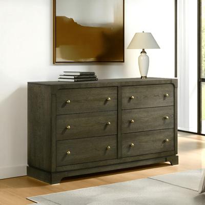 Benjara Seon Wide Dresser, 6 Drawers with Brass Knobs, Dark Cocoa Brown Wood