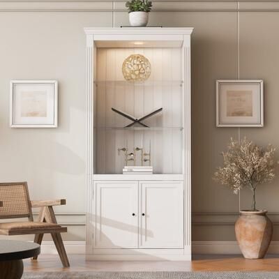 Kodotan sofa "78.75""H 4-Tier Display Shelf, with 5-Colors Dimmable Ceiling Light, Freestanding Farmhouse Bookcases with Storage & Doors"