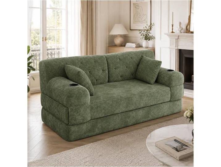 DRIPEX Canapé-lit 2 places Pliant en velours côtelé Canapé modulable compressé structure métallique avec porte-gobelets L168cm Vert