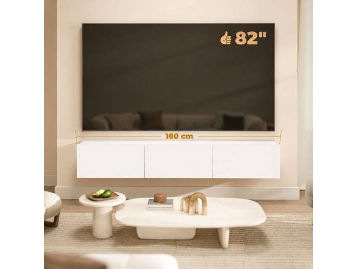 Meuble TV suspendu blanc Norevia 180 cm 3 portes abattantes à fermeture douce