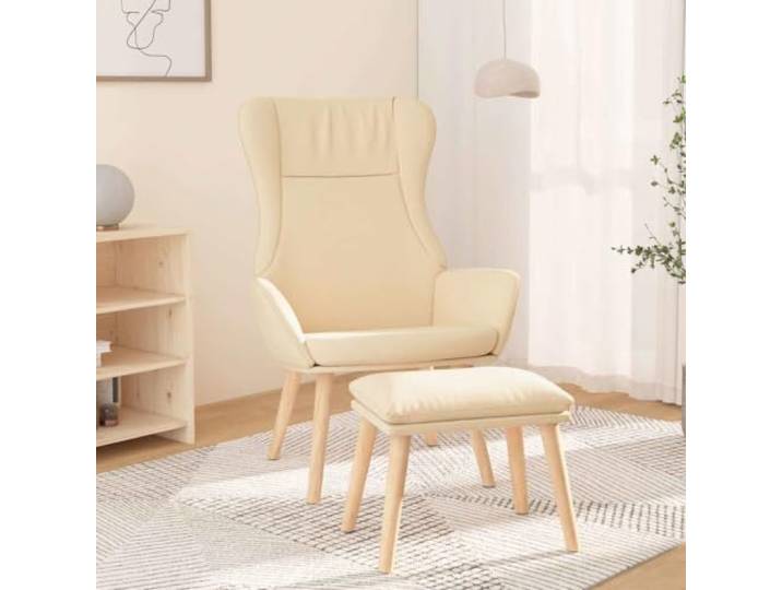 Relaxsessel mit Hocker Creme Stoff, Kautschukholz Beine, Metallrahmen Strapazierfähiger Stoff, massive Kautschukholzbeine, stabiler Metallrahmen, inklusive Fußhocker, Montageanleitung enthalten