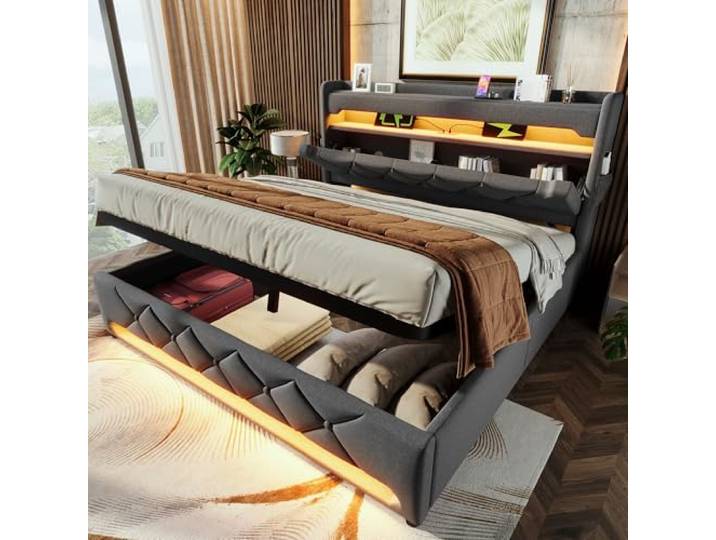 FAVSH Polsterbett Doppelbett 140x200 cm, Stauraumbett Bett mit USB Type-C Port und Einstellbar Stauraum Kopfteil, LED Hydraulisches Bett Stauraumbett Jugendbett,Leinen, ohne Matratze (Grau)