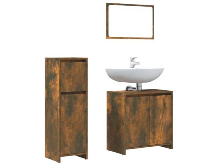KTHLBRH Badezimmermöbel-Set 3-teilig Eiche Rauchholz mehrschichtig Spiegel 60x45cm, Schrank 30x30x95cm, Unterschrank 60x33x60cm, glatte Oberfläche, feuchtigkeitsbeständig, leicht