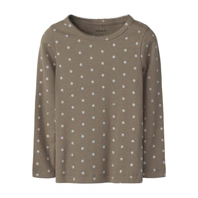 Langarmshirt NAME IT "NMFLONA LS XSL TOP", Mädchen, Gr. 110, taupe gray, Jersey, Obermaterial: 57% Baumwolle, 38% Modal, 5% Elasthan, bedruckt, slim fit normal, Rundhals, Shirts Langarmshirt, Baumwollmischung, slim fit