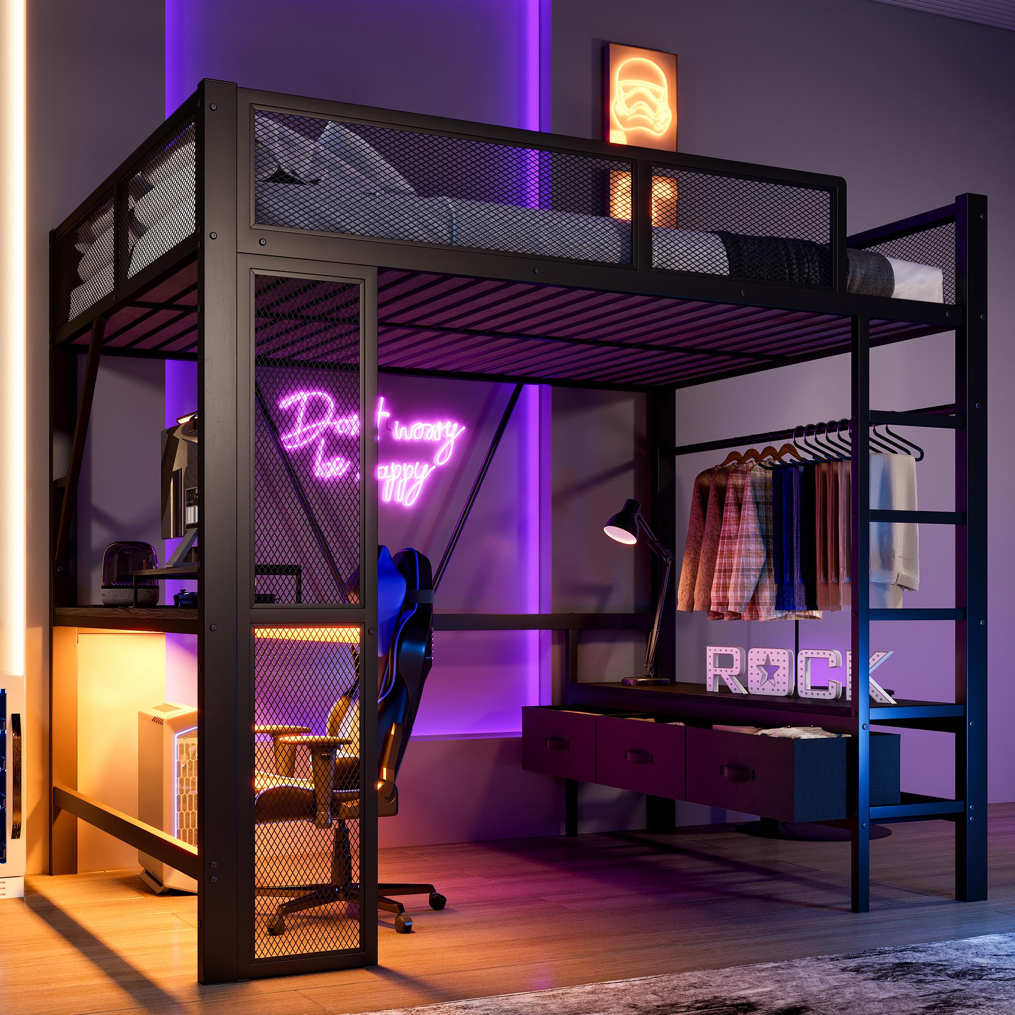 Merax Etagenbett Hochbett 140x200cm mit LED, USB, Schreibtisch, offenem Kleiderschrank, 3 Wäscheschubladen, Kinderbett, Jugendbett, Eisenbett, Schwarz