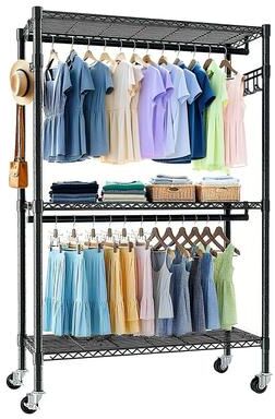 Aura Pro 3-Tier Rolling Clothes Rack with 2 Clothes Rails and Side Hooks, Duty Wheels
