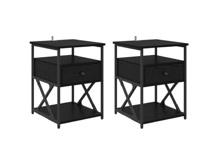 LMTYOENFG Nachttisch 2er Set Schwarz Eichen-Optik 40x42x55 cm Vielseitiges 2er Nachtschrank-Set fürs Schlafzimmer mit offenen Ablagefächern, Schublade und stabilen Metallbeinen.