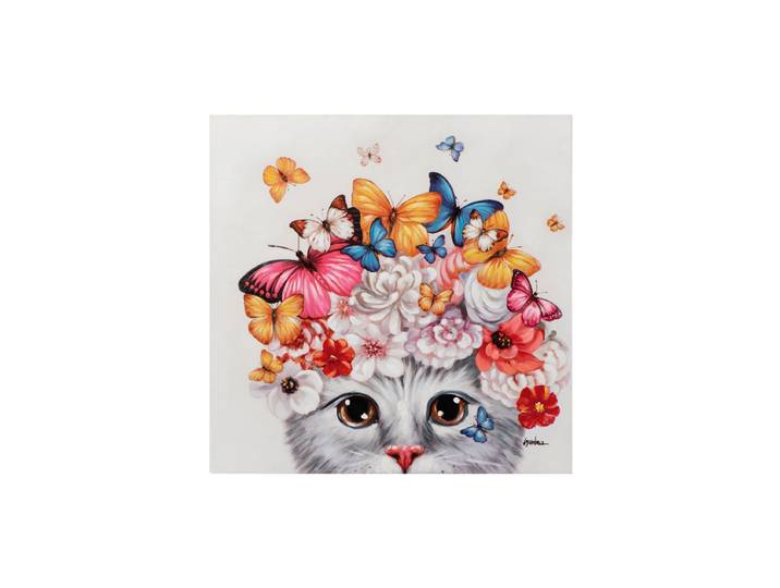 Handbemaltes Bild „Kätzchen mit Blumen und Schmetterlingen“ 70 x 70 cm Multicolor Crea Collection
