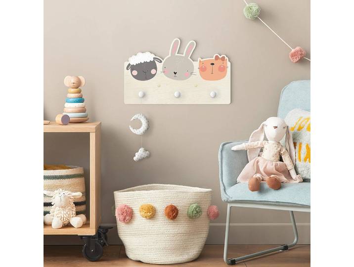 Patère enfants Mouton, lapin et chat 40 x 25 x 1cm Rose foncé/Gris
