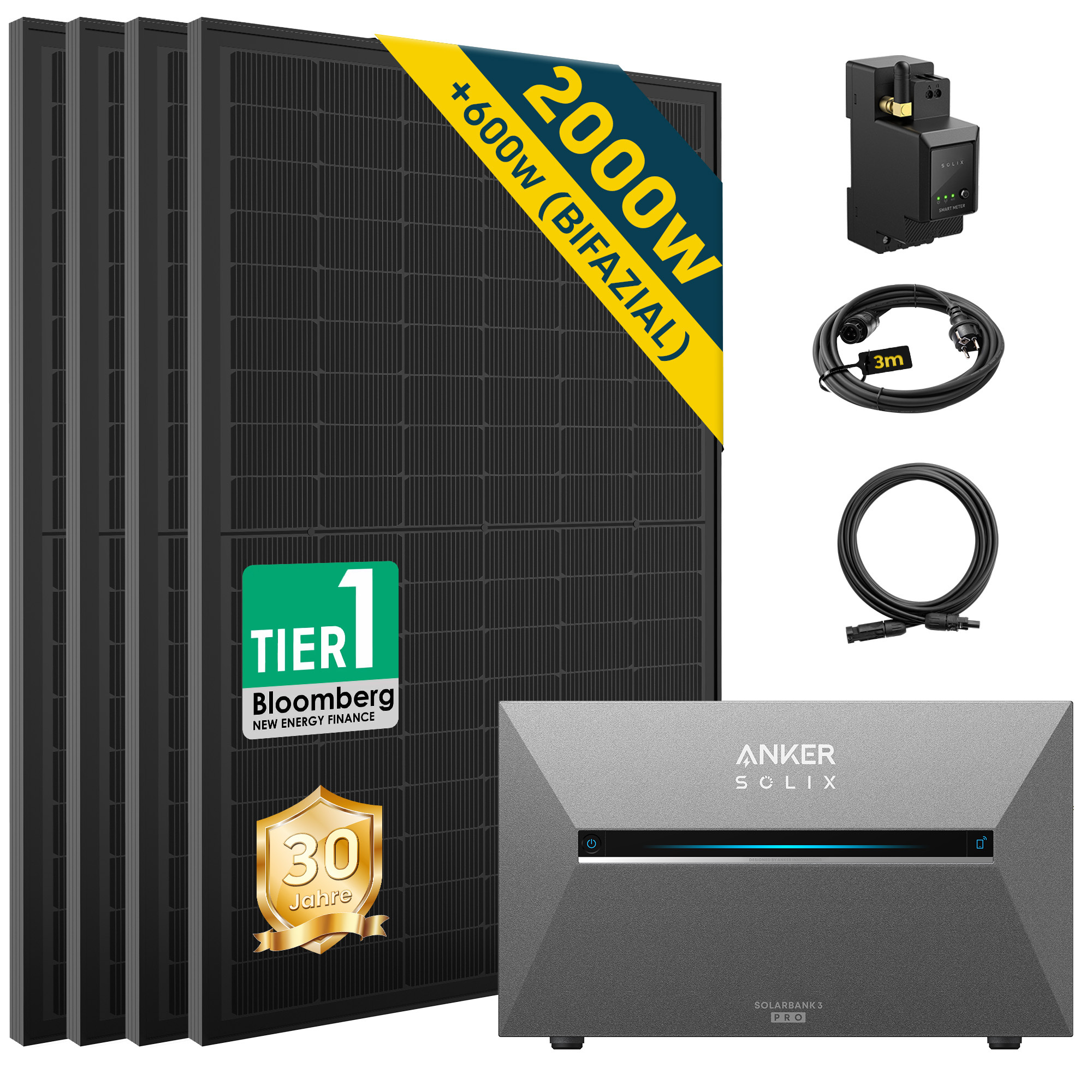 ALLDREI Balkonkraftwerke mit Anker Solix Solarbank 3 E2700 Pro ,Komplettset mit 4x500W Bifazialer Solarpanel & Smarten Zähler