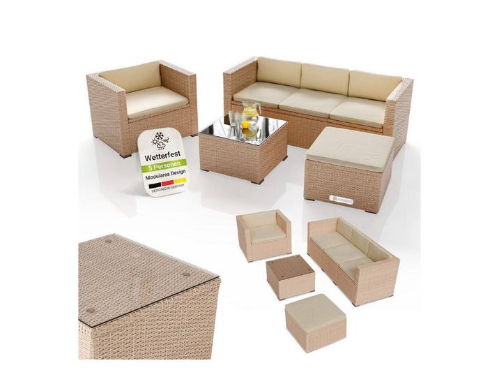 Juskys Gartenlounge-Set Punta Cana, (Set, Sitzgruppe), Sitzgarnitur, 1 Tisch, 1 Ecksofa, 1 Sessel, 1 Hocker, 1 Abdeckung