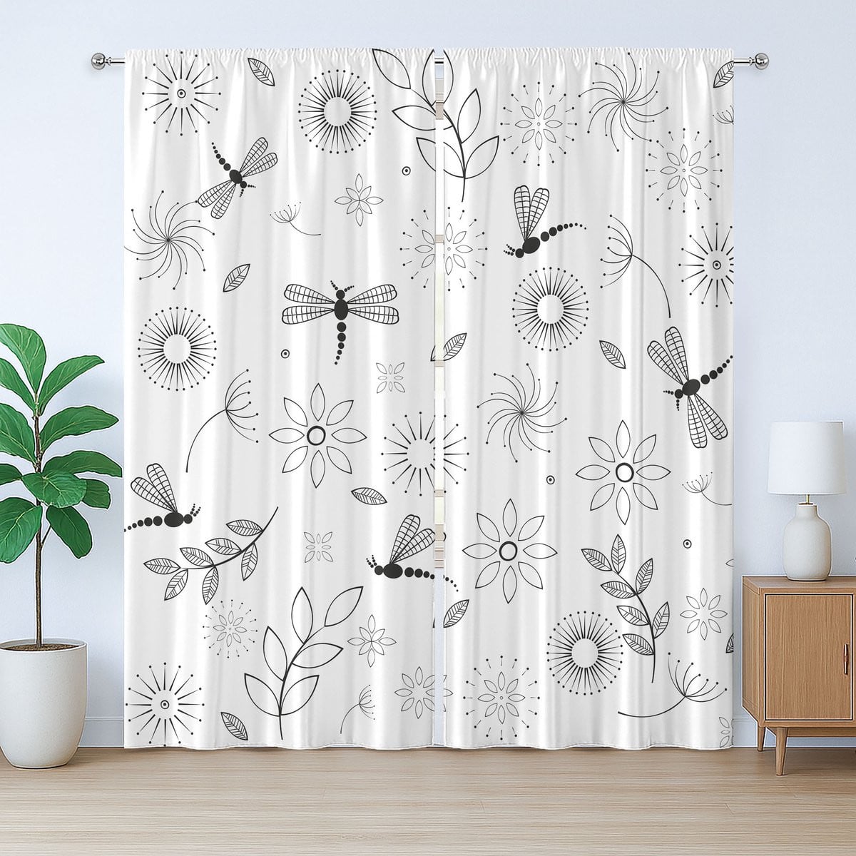 ABAKUHAUS Rustiek gordijn met libellenbloemen, wit zwart, 280 x 175 cm