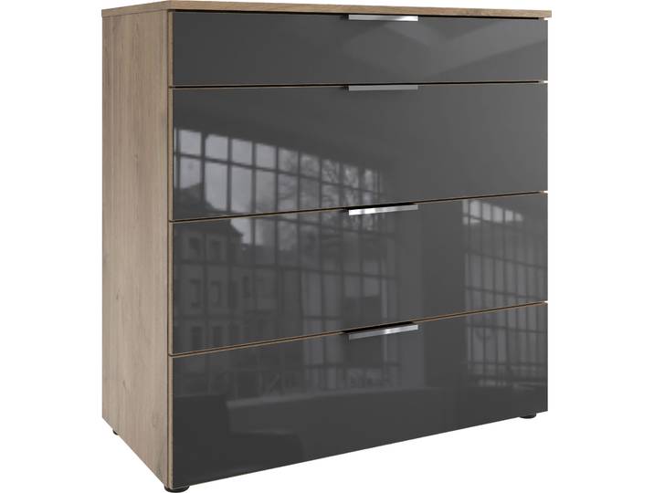 Schubkastenkommode, Plankeneiche Nachbildung & Glas Grau, 81x84x41 cm, Spanplatte, Soft-Close, Modern, Wimex