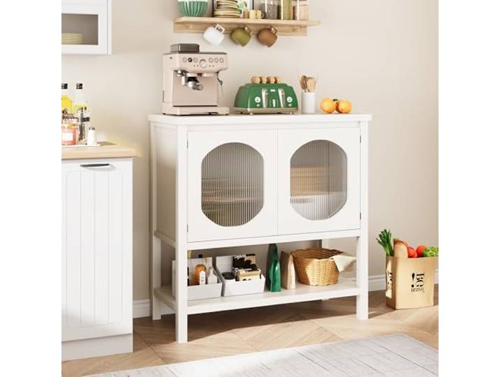 Garvee Sideboard mit Riffelglas-Türen & Wellenmuster-Holzoptik – Weißer Konsolentisch für Flur, Wohnzimmer & Küche mit Ablagefach – Farbe: Pure White