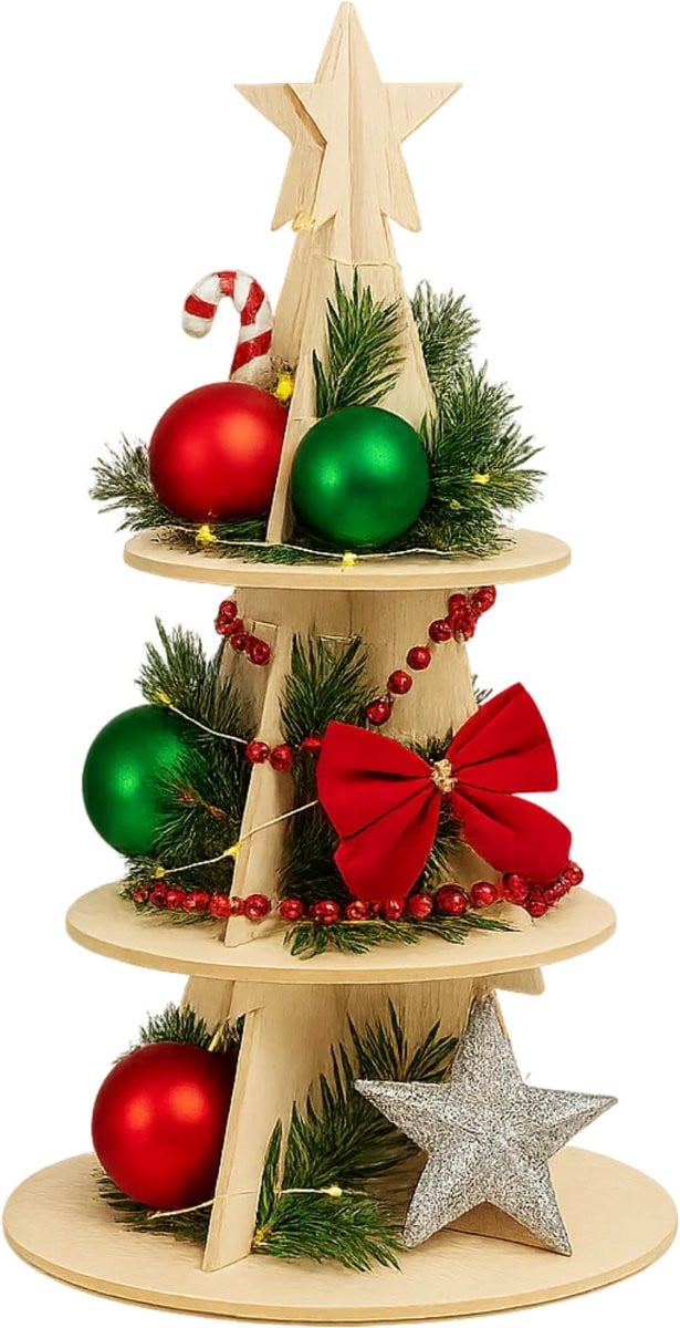 Lomera Kerst Etagere van Hout met Ster - 3 Niveaus Serveertoren voor Dessert en Cupcakes
