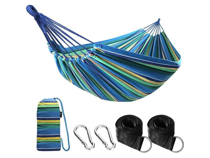 Hängematte Baumwolle Gelb/Grün mit Gurten und Tasche, Mehrfarbig, 150x2.5x270 cm, Gartenmöbel, Gartenschaukeln, Hängematten